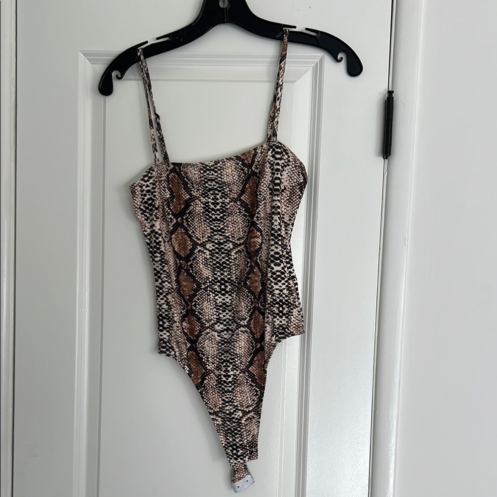 Brown and Tan Snakeskin Bodysuit with Spaghetti Straps
